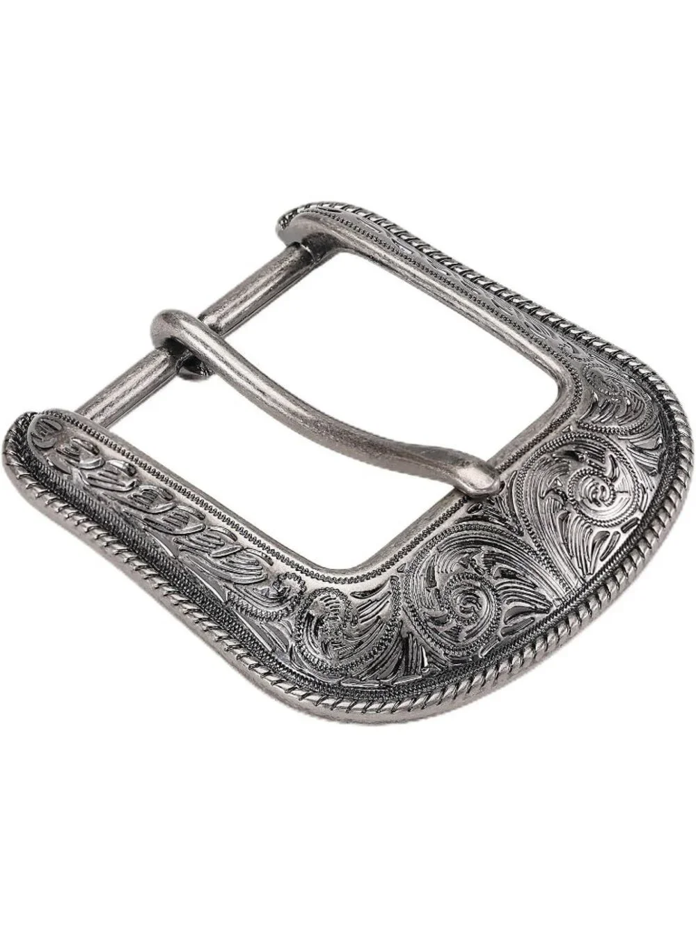 Men Western Antique Silver Scrollwork Engraved Beaded Rope Edge Belt Buckle 1.5